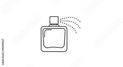 Perfume bottle spraying fragrance, minimalist line art icon, beauty and cosmetic concept