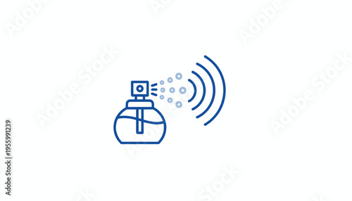 Perfume bottle spraying fragrance, abstract waves, blue outline icon on white background
