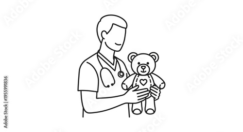 Pediatrician holding teddy bear, doctor with stethoscope, child healthcare, medical care, kindness