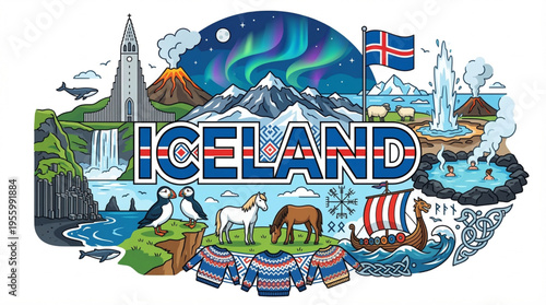 Vibrant Iceland Cultural Elements Vector Illustration with Hallgrímskirkja, Volcanoes, and Viking Heritage