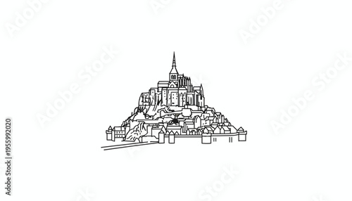 Mont Saint-Michel Illustration: Iconic French Landmark in Minimalist Line Art Style