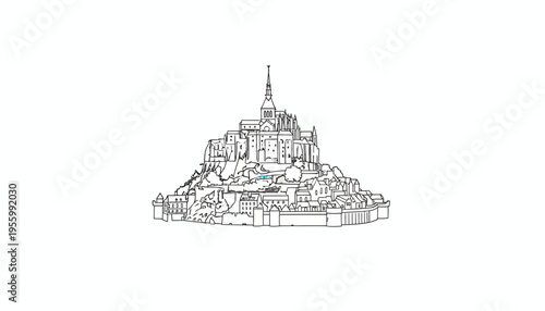 Mont Saint-Michel illustration, iconic French island commune, medieval architecture sketch