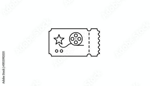 Movie Ticket Icon with Film Reel and Star, Cinema Entertainment Concept