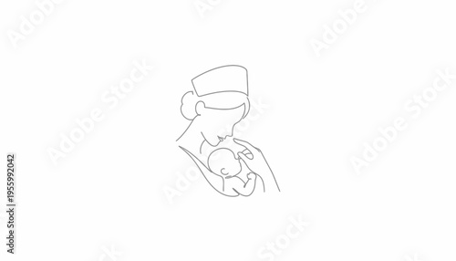 Mother holding newborn baby in minimalist line art style, tender moment