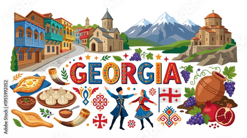 Vibrant Georgia Cultural Elements Vector Illustration with Tbilisi, Monasteries, and Local Cuisine