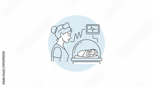 Neonatal Intensive Care: Nurse Monitors Premature Baby in Incubator with Heartbeat Monitor