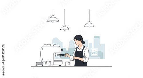 A woman in a black apron operates an espresso machine in a minimalist cafe setting with a cityscape background and pendant lights.