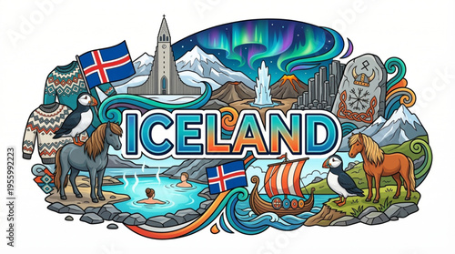 Vibrant Iceland Cultural Elements Vector Illustration with Hallgrímskirkja, Volcanoes, and Viking Heritage