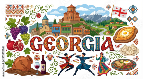 Vibrant Georgia Cultural Elements Vector Illustration with Tbilisi, Monasteries, and Local Cuisine