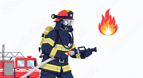 Illustration of a firefighter in full gear holding a hose with a fire truck and flame in the background on a white background.