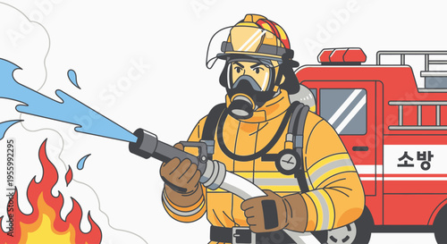 A cartoon firefighter in full gear spraying water from a hose with a red fire truck behind him on a white background with warm tones.