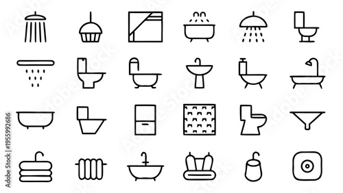 This set of forty-five bathroom-themed vector icons utilizes thin white lines to depict various plumbing fixtures organized in a clean grid.