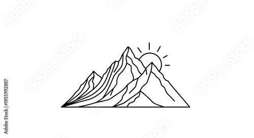 Minimalist Mountain Range Sunrise Line Art - Geometric Peaks and Sun Rays