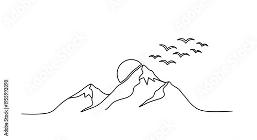 Minimalist mountain landscape with sun and birds flying, line art vector illustration