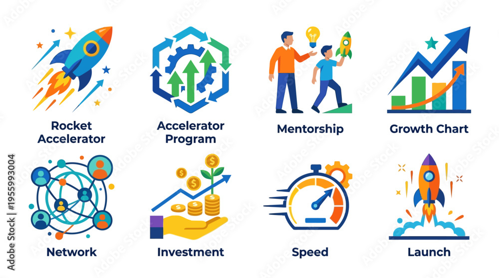 Fototapeta premium Business growth vector concepts with rocket launch and accelerator program icons