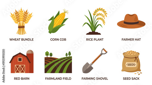 Vector illustration of a farmer's tools and crops in a rural landscape with a red barn and hat on a sunny day