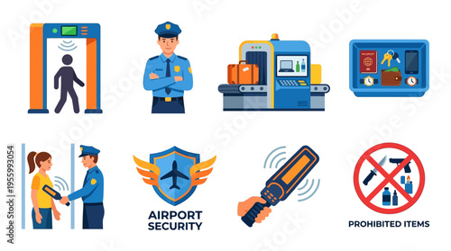 Airport security officers inspect vector graphics of luggage and passengers at travel checkpoints.