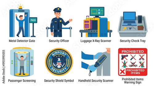 Security officers conduct vector passenger screening at airport with metal detector gate and luggage X-ray scanner.