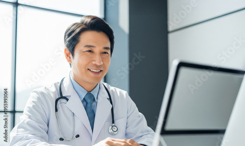 オンライン診療でモニターを見つめ笑顔で話す日本人男性医師