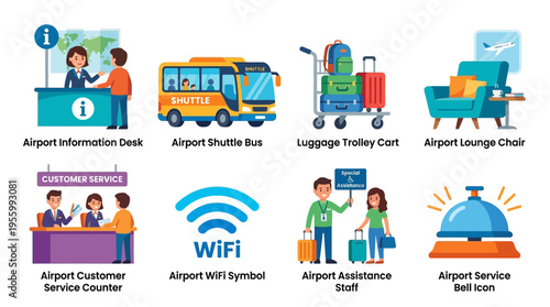 Airport scene with vector illustrations of travelers using shuttle bus, luggage cart, lounge chair, and customer service desk with WiFi symbol and assistance staff nearby.