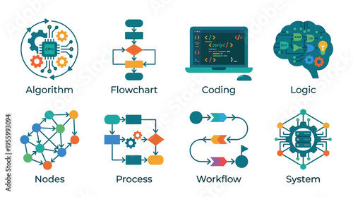 A vector illustration of a coding system with algorithm logic and workflow process nodes on a computer screen with flowchart and system design elements.