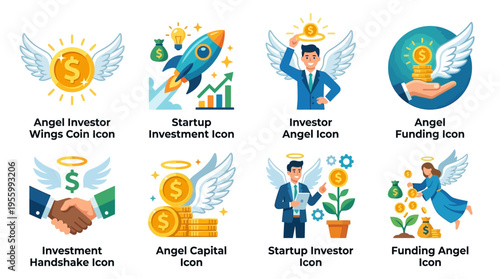 Vector illustrations of various business and investment icons with angel investors and startup funding concepts