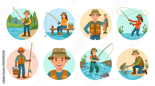 Vector illustrations of people fishing in various serene natural environments with vector graphics