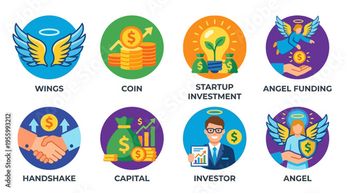 Vector illustration of business partnership and investment concept with angel funding, handshake, capital, and coins in a modern style.