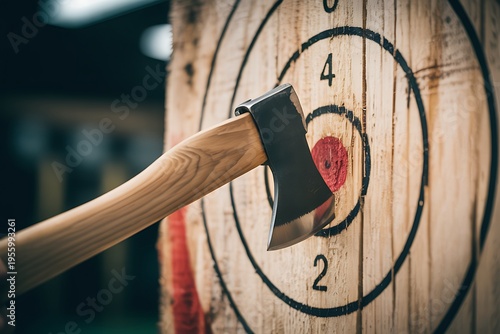 Axe embedded in wooden target in a recreational axe throwing activity