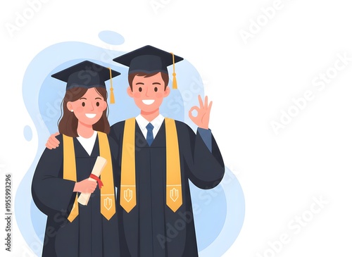 Two happy and successful university graduates a man and a woman in caps and gowns are smiling and holding a diploma proudly.