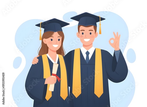 Two happy and successful university graduates a man and a woman in caps and gowns are smiling and holding a diploma proudly.