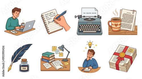 A vector illustration of a man writing on laptop and paper with various stationery items on desks in a productive workspace environment from a creative viewpoint.