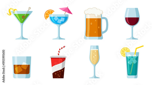 Vector illustrations of various colorful drinks and cocktails on a table setting
