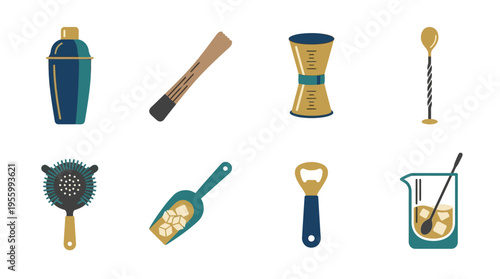 Vector illustration of various bar tools and equipment for mixology and cocktail making in a modern style
