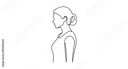 Minimalist line art portrait of a woman in profile, elegant bun hairstyle, clean white background