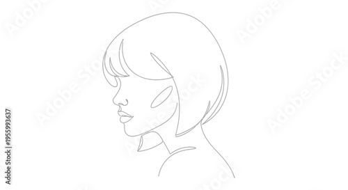 Minimalist line art portrait of a woman with a bob haircut, profile view, elegant and modern