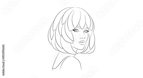 Minimalist Line Art Portrait of a Woman with Bob Haircut Looking Over Shoulder