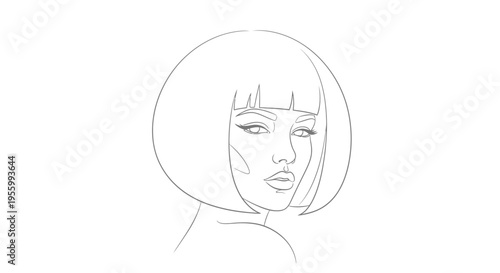 Minimalist Line Art Portrait of a Woman with Bob Haircut and Winged Eyeliner