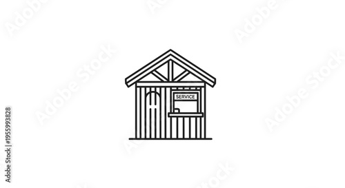 Minimalist Line Art Icon of a Service Kiosk or Small Booth with Service Sign
