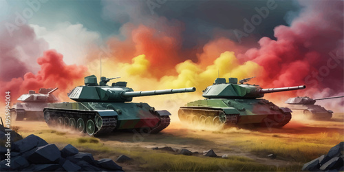 Soviet military tank on beach and road showing armored power and heavy artillery vehicle in green camouflage military scene