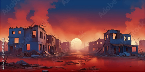 Old castle in the woods at night under an orange sunset sky