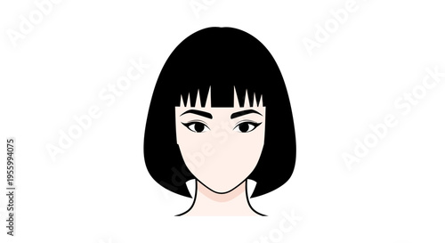 Minimalist illustration of a woman with a black bob haircut and bangs, clean lines, white background.
