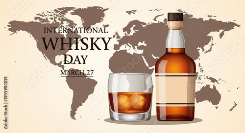 International Whisky Day vector illustration with bottle and glass