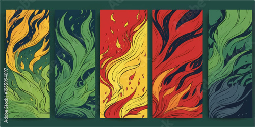 Colorful abstract floral butterfly pattern with tribal swirls and red flame decorative seamless vector design