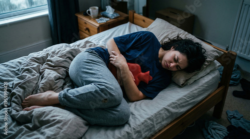 Unwell young woman lying uncomfortably in a dark bedroom holding a red hot water bottle against her stomach to relieve severe abdominal pain cramps