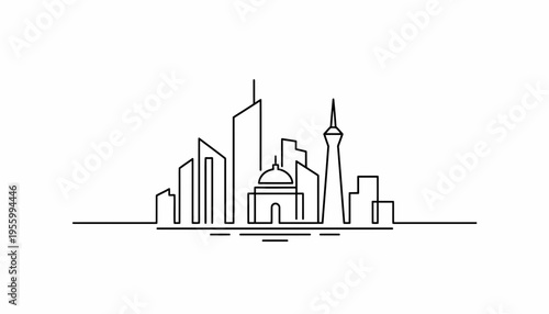 Minimalist Cityscape Silhouette: Modern Skyline with Iconic Buildings and Abstract Water Reflection