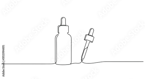 Minimalist Continuous Line Drawing of Dropper Bottle and Pipette on White Background
