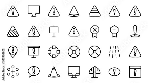 Forty-five white line icons focused on emergency management and disaster response protocols are neatly arranged in a grid on black.