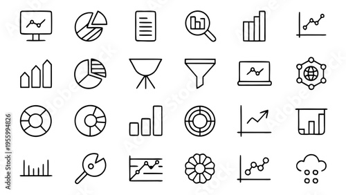 Forty-five white minimalist outline icons depicting various data analysis tools and statistical concepts are positioned on a deep black background.