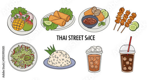 Delicious Thai street food dishes with various ingredients and drinks.